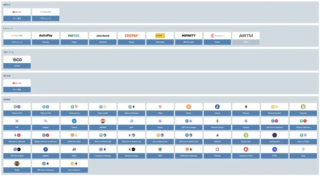 1xBet 対応入出金方法一覧 画面